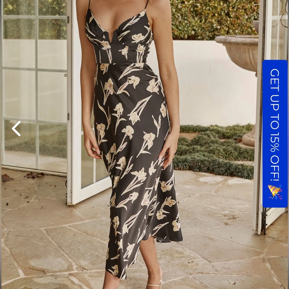 Selfie Leslie LAKE COMO FITTED BODICE CAMI STRAP MIDI DRESS ORCHID PRINT BLACK